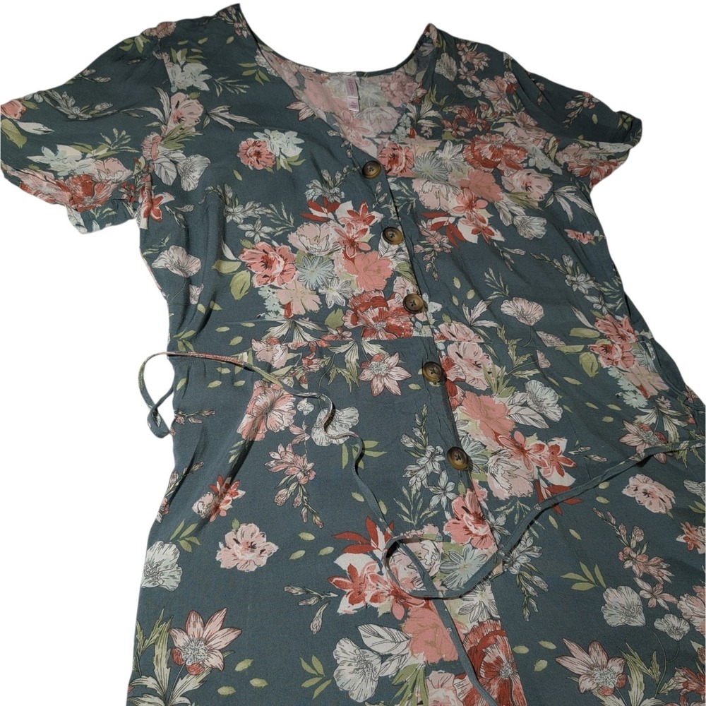 Xhileration Jumpsuit Green Floral Short Sleeve Tie Belt Retro Womens Extra Large